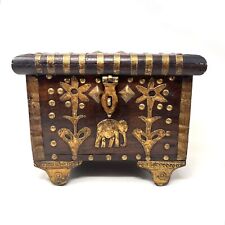Antique Wooden Jewelry Box Inlaid Brass From India Elephant Flower Motifs Vtg picture