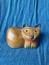 Vintage Wooden Hand Painted Hand Carved Sitting Cute Cat Figurine 4.5” picture