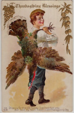 ANTIQUE THANKSGIVING Postcard    BOY CARRYING TURKEY OVER HIS SHOULDER picture