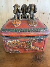 Antique Japanese Pottery Tobacco Humidor.  Speak, See & Hear No Evil Monkey’s. picture