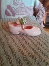 Vintage 1983 Enesco Pink Girls Ceramic Shoe with Flowers,Brass Buckle Lovely picture