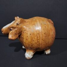 Vintage Folk Art Pottery Stoneware Brown Speckled Whimsical Cow Figure picture