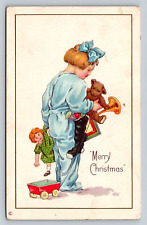 Early 1900s Christmas PC Little Girl Blue PJS Teddy Bear Baby Doll Stocking Horn picture