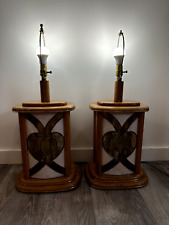 Vintage Pair of Oak Wood Etched Smoked Glass Table Lamps Retro MCM 80s Regency picture
