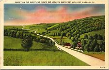 Sunset Smethport Port Allegany PA Pennsylvania Road Farm Lands Linen Postcard  picture