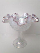 Fenton White Opalescent Iridescent Glass Compote Footed Bowl Dish, Lavender Rim picture
