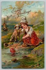 Lamb Child Seaside Ship Easter Greetings Vtg Embossed Postcard 1908 PFB 6806 picture