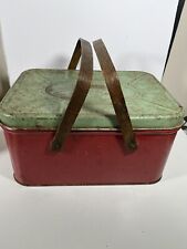 Vintage 1950'S? Green & Red Metal Tin Picnic Basket with Wood Handles picture