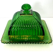 Antique US Glass Butter Dish & Lid c1899 EAPG New York Green Rib Gold Accent JCS picture