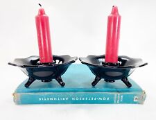 Two Vintage Fenton Amethyst Black Glass Footed Candle Holders Candlesticks Pair picture