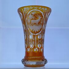 Antique 19th C Bohemian Moser Glass Orange /Yellow  Cut toClear Large Deer Vase picture