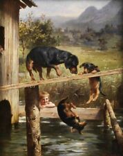 Art Oil painting Bad-Boy-Carl-Reichert Three dogs crossing a log bridge picture