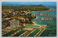 Here's Waikiki Aerial View Honolulu Hawaii HI Yacht Harbor Vtg Postcard 1960s picture