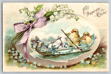 Postcard Easter Anthropomorphic Chicks Paddling Boat Eggs Ribbons Flowers 1909 picture