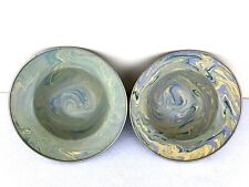 2 MacKenzie-Childs Camp Enameled Brass Soup/Cereal Bowls Blue Green Yellow Swirl picture