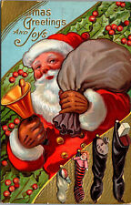 Vtg 1910s Christmas Greetings & Joy Santa Claus Bell Stockings Toys Postcard picture
