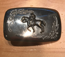 VINTAGE COWBOY RIDING HORSE METAL BELT BUCKLE WESTERN RODEO THEME - TWO TONE picture