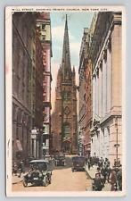 Postcard Wall Street Showing Trinity Church New York City picture