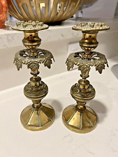 Candlesticks PAIR Ornate Metal Brass Vintage Leaf MUST SEE Tall WOW Elegant  picture