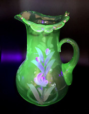 Antique Uranium Vaseline glass pitcher hand painted 10.5