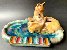 Unusual Early Pottery Ashtray 1940s Vintage Multicolor Deer & Fawn Redware MCM picture