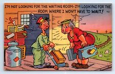 Woman Upset Traveling Can't Wait Bathroom Train Porter Comic Joke Postcard c1940 picture