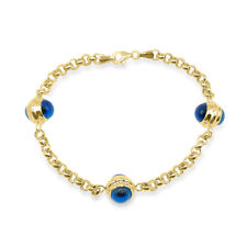 14KT Yellow Real Gold Evil Eye Blue Bracelet Linked chain Good Luck Protection picture