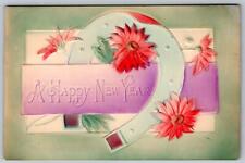 1908 HAPPY NEW YEAR AIRBRUSHED LUCKY HORSESHOE FLOWER PURPLE GREEN PINK POSTCARD picture