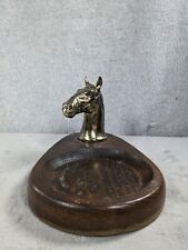 Vintage Art Deco Brass Wooden Ashtray Holder with Metal Horse Figurine picture