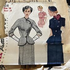 Vintage 1950s Simplicity 8414 Two Piece Dress Collar Cuffs Sewing Pattern 16 CUT picture
