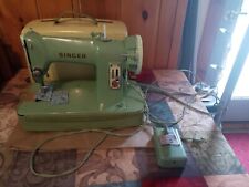 Vtg Singer Sewing Machine Green Portable 185J  w/Case Rare Tested  picture