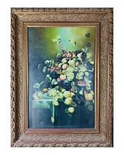 H. EUDIE Huge Antique Still Life Fruit Oil on Canvas in Ornate Wood Frame picture