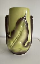 Vintage Estate Royal Copley Deco Ceramic ~Retro ~ Lime & Brown Leaf Vase. picture