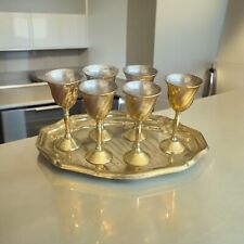 Vintage MCM Brass Aperitif Sherry Cordial Set Tray 6 Glasses Made in India picture