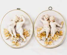 ARNART Japan #6560 PAIR of Wall Hanging Bisque Porcelain Plaques Cherubs ✅ picture