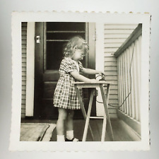 Little Girl Ironing Clothes Photo 1950s Front Porch Outdoor Child Snapshot A4252 picture
