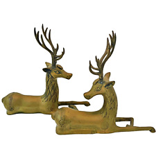 Vintage 70s's Hollywood Sarreid MCM Brass Stag Deers Pair Heavy Resting 2 Buck picture