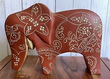 Hand Carved Hand Painted Wooden Elephant Red White Indian Style 9” x 7” Figurine picture