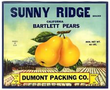 SUNNY RIDGE~ORIGINAL 1930s STOCKTON CALIFORNIA AUTHENTIC PEAR FRUIT CRATE LABEL picture