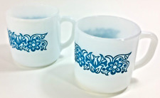 TWO Vtg. Milk Glass Federal Blue Tulip Stackable Mugs Coffee Rare USA Blue Mugs picture