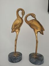 Outstanding MCM  Italian Brass Birds Crane Sculptures On Marble Bases Pair H 25