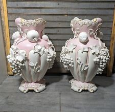 Vintage Pair Italian Regency Pink Porcelain Vases Neoclassical Capodimonte Fruit picture