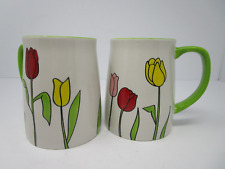 Pair of Lang By Design Group Ceramic Coffee Tea Mugs Floral TULIPS Green Handles picture