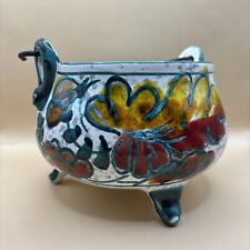 Vintage Footed Glazed Floral Bowl Cauldron with Metal Handle picture