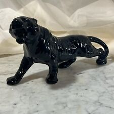11.5” Vintage Tiger Statuette, Black, Glazed Ceramic, Large Cat Figurine, MCM❤️ picture