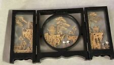 VINTAGE CHINESE DIORAMA CORK CARVING ART 3 PANELS 5-1/3” by 10 lacquered picture