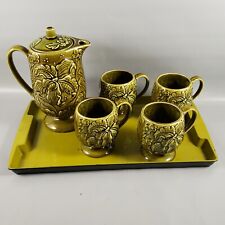 Vintage ROYAL SEALY JAPAN Green Majolica Floral Pedestal Footed Cup Pot Tray Set picture