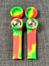 Silicone Smoking Pipe 3.5in. Metal Bowl w/ Lid (Green-Yellow-Red) Lot of 2 picture