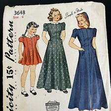Vintage 1940s Simplicity 3648 Girls Seamed Dress Housecoat Sewing Pattern 6 CUT picture