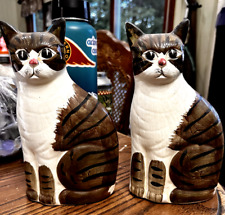 2 Vintage Glazed Ceramic Cats Mr Man Taiwan. 1985 Brown Stripe. 8.75